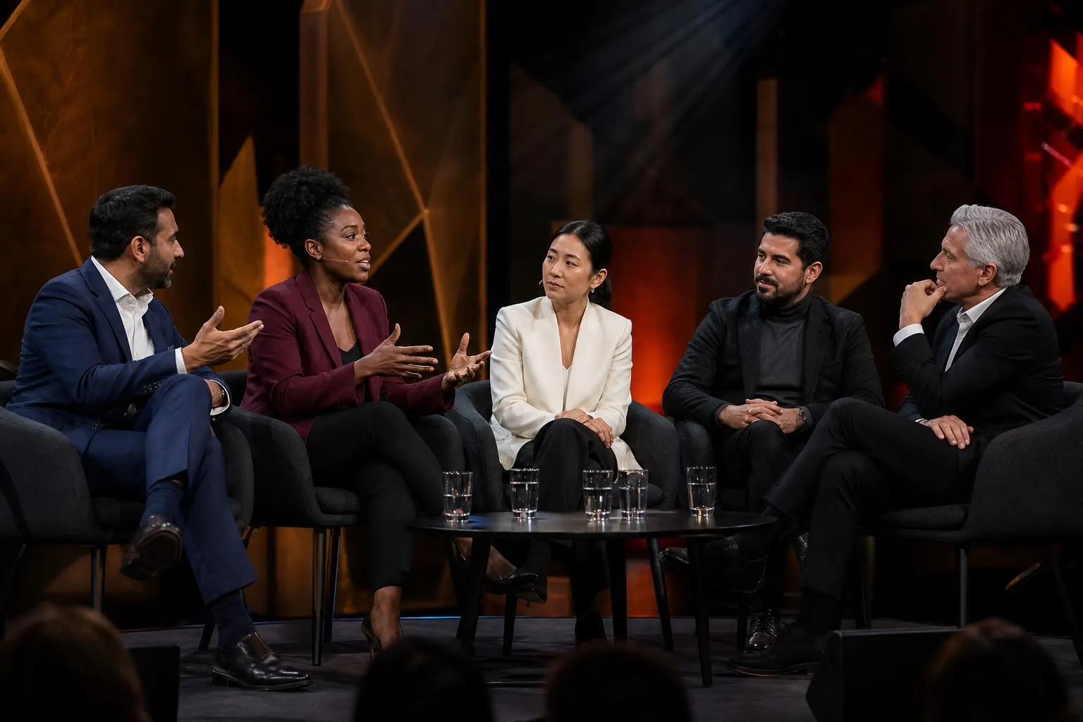 Diverse senior leaders in deep discussion on a conference stage