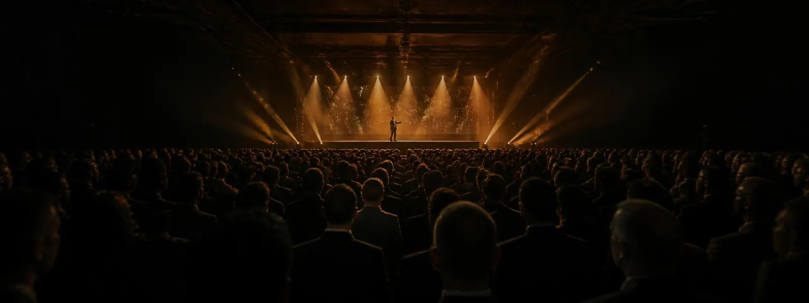 Attendees in a darkened conference hall watching a keynote