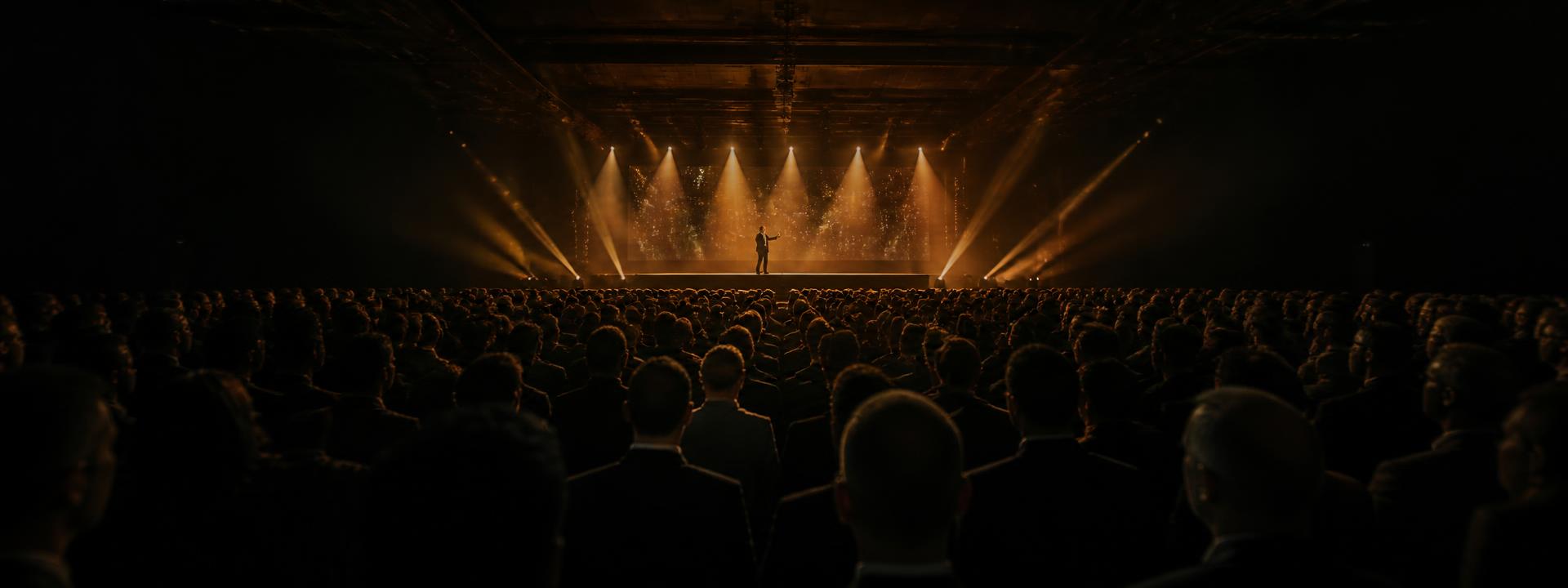Attendees in a darkened conference hall watching a keynote